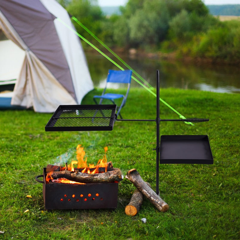 Swivel Campfire Grill Skillet Combo Portable Heavy Duty Camping Grill Grate with Height Adjustable Grill Grate and Grill Pan and Carry Bag Black