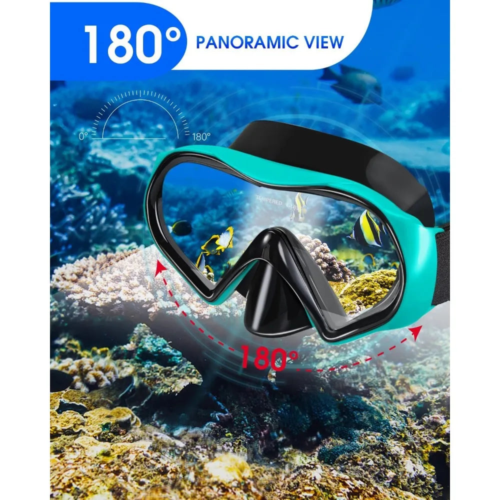 Swimming Goggles Scuba Snorkeling Mask for Adults, Tempered Glass with Panoramic View Anti-Leak and Anti-Fog Technology, Adjust