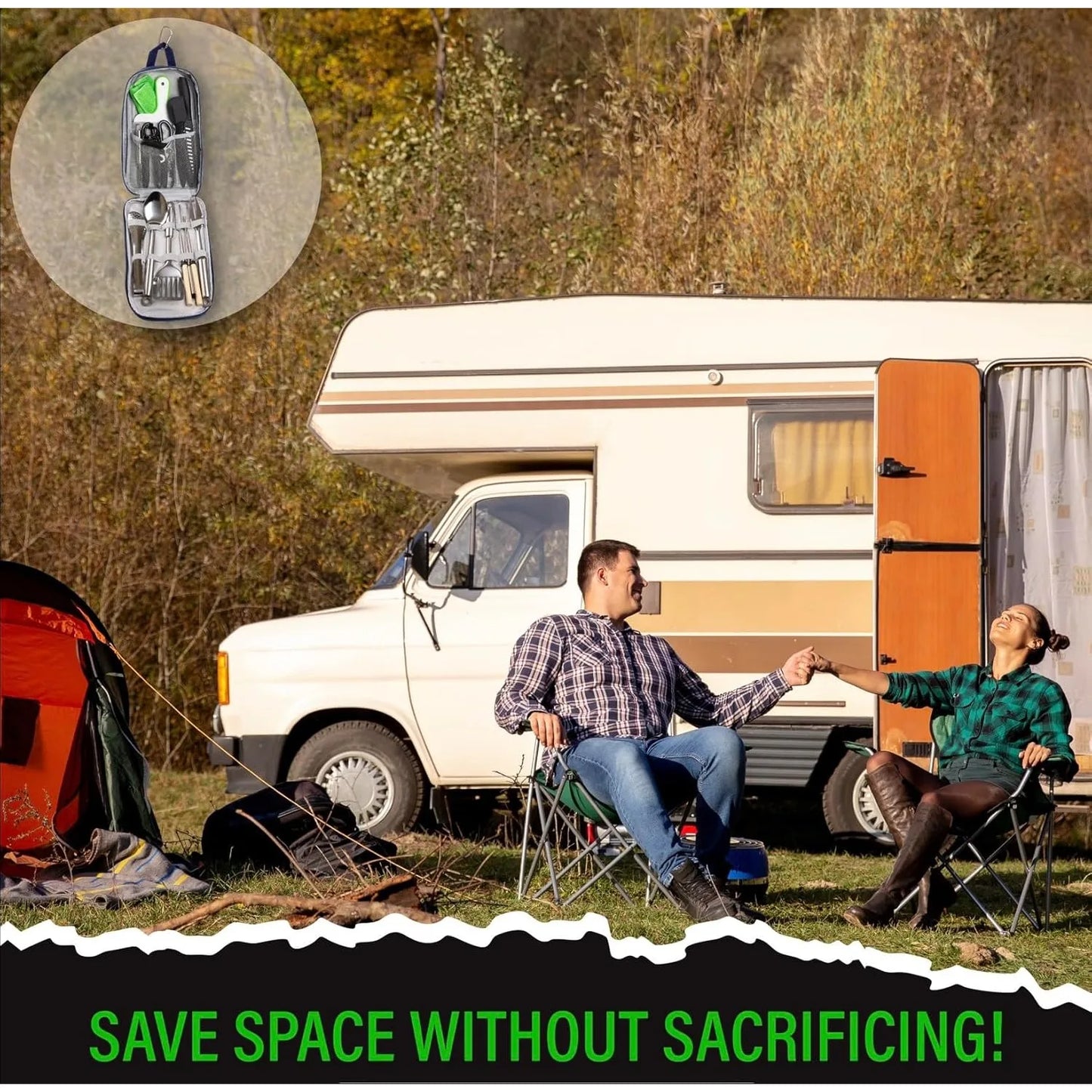 Camp Cooking Utensil Set & Outdoor Kitchen Gear Cookware Kit, Portable Compact Carry Case for Camping, Hiking, Travel.