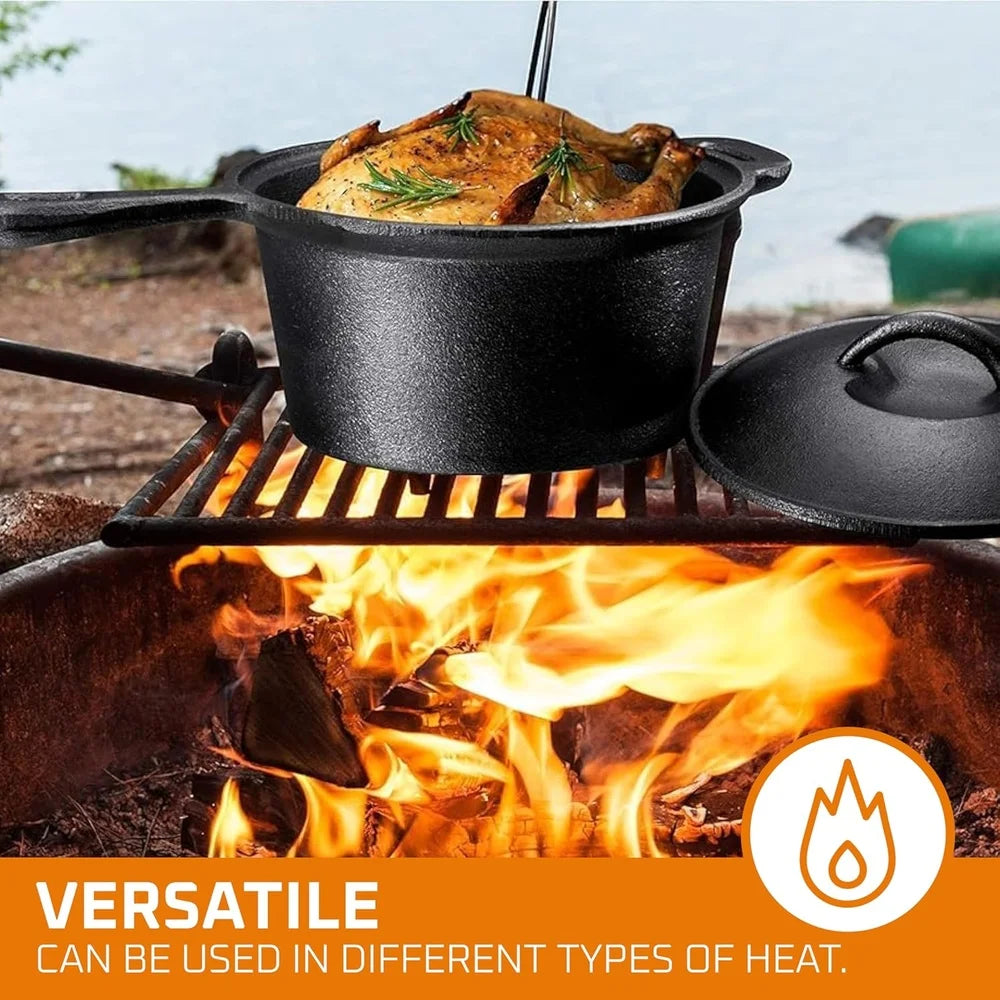 Camping Cooking Set 7 Piece Cast Iron Cookware Dutch Oven Frying Pan Griddle Skillet Pre Seasoned Outdoor Grill Pots
