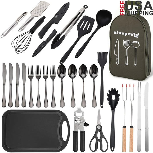 30pc Camping Cooking Utensils Set Essential Kitchen Gear Stainless Steel Silicone Portable Backpacking BBQ Accessories Travel