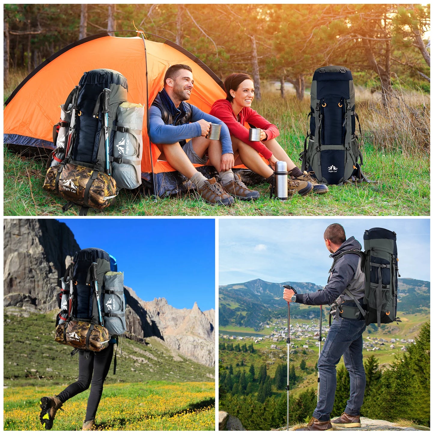 Night Cat Camping Backpacks 90L with Internal Frame Hiking Backpack for Men Women Waterproof Lightweight Breathable Outdoor