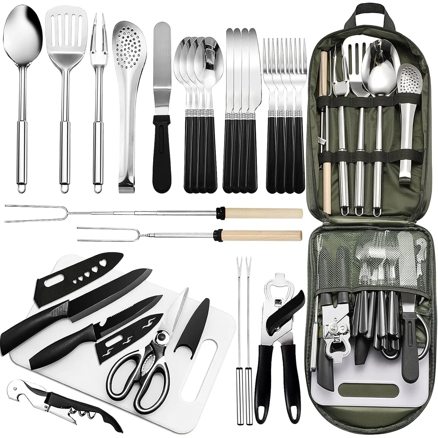 Portable Camping Kitchen Utensil Set-27 Piece Cookware Kit, Stainless Steel Outdoor Cooking and Grilling Utensil Organizer