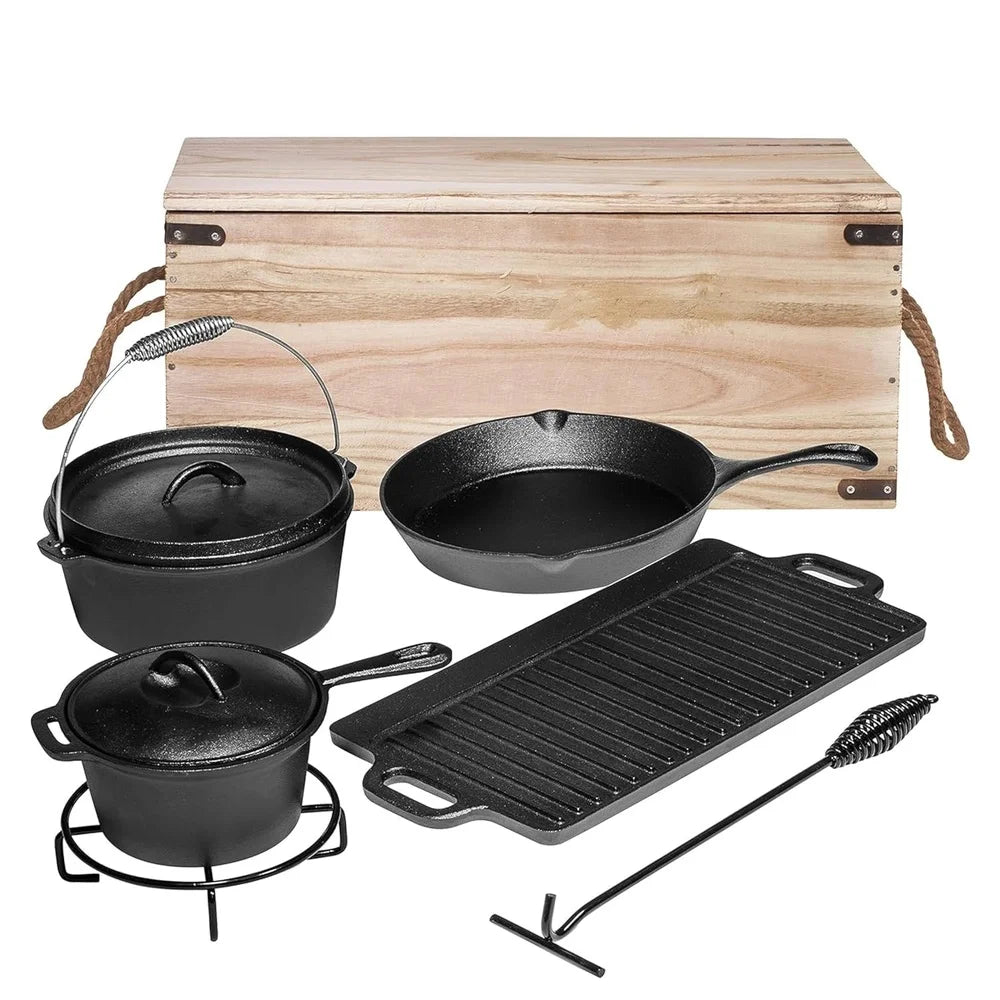 Camping Cooking Set 7 Piece Cast Iron Cookware Dutch Oven Frying Pan Griddle Skillet Pre Seasoned Outdoor Grill Pots