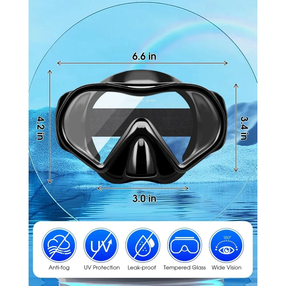 Swimming Goggles Scuba Snorkeling Mask for Adults, Tempered Glass with Panoramic View Anti-Leak and Anti-Fog Technology, Adjust