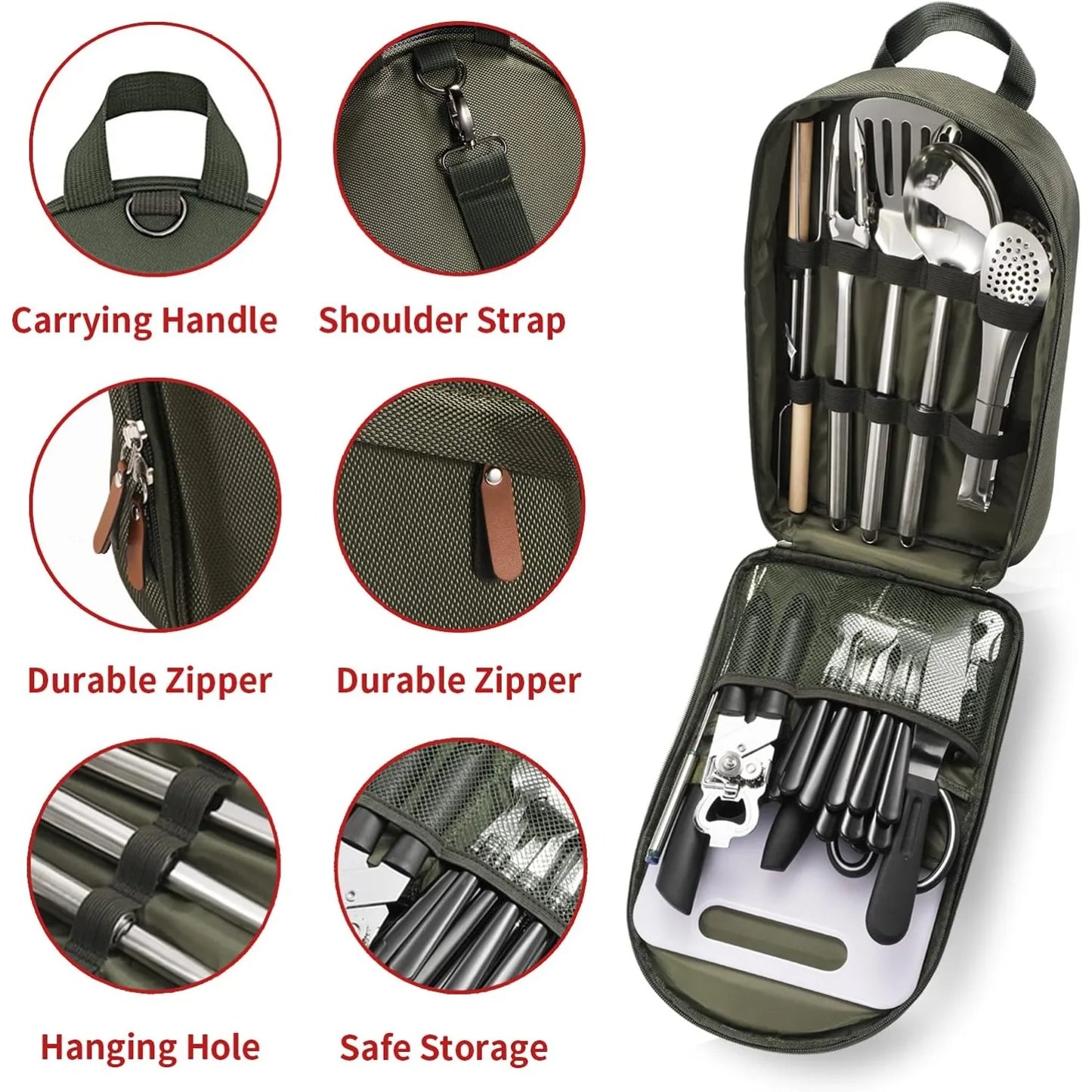 Portable Camping Kitchen Utensil Set-27 Piece Cookware Kit, Stainless Steel Outdoor Cooking and Grilling Utensil Organizer