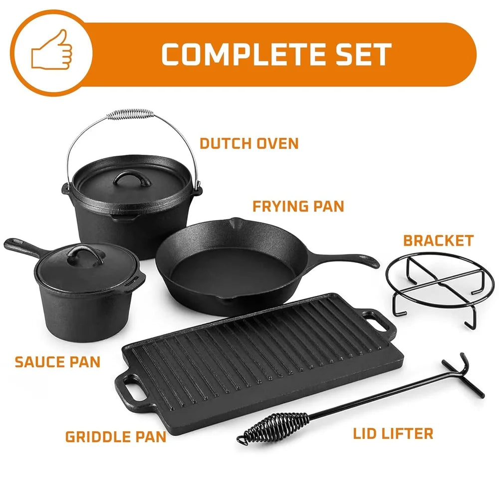 Camping Cooking Set 7 Piece Cast Iron Cookware Dutch Oven Frying Pan Griddle Skillet Pre Seasoned Outdoor Grill Pots