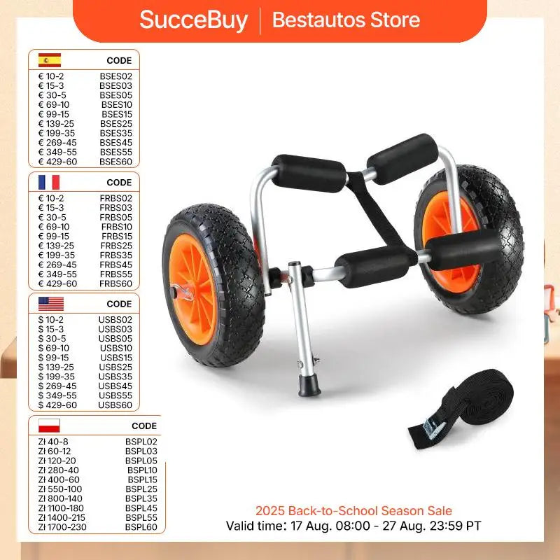 SucceBuy Heavy Duty Kayak Cart 250/320/350/450lbs Load Capacity Foldable Canoe Trolley 10''/12'' Solid Tires for Kayaks Canoes