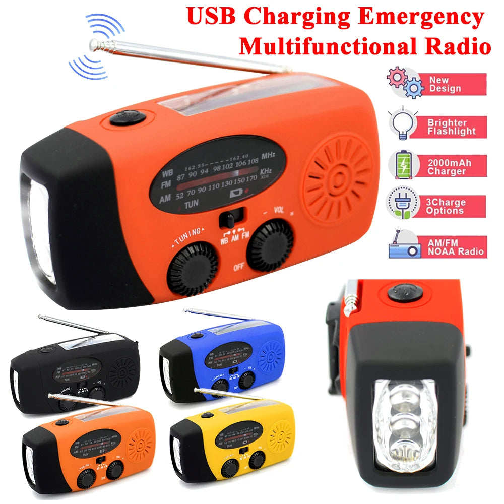 2000mAh Portable Radio Hand Crank Solar USB Charging FM AM WB NOAA Weather Radio Emergency LED Flashlight Torch Power Bank
