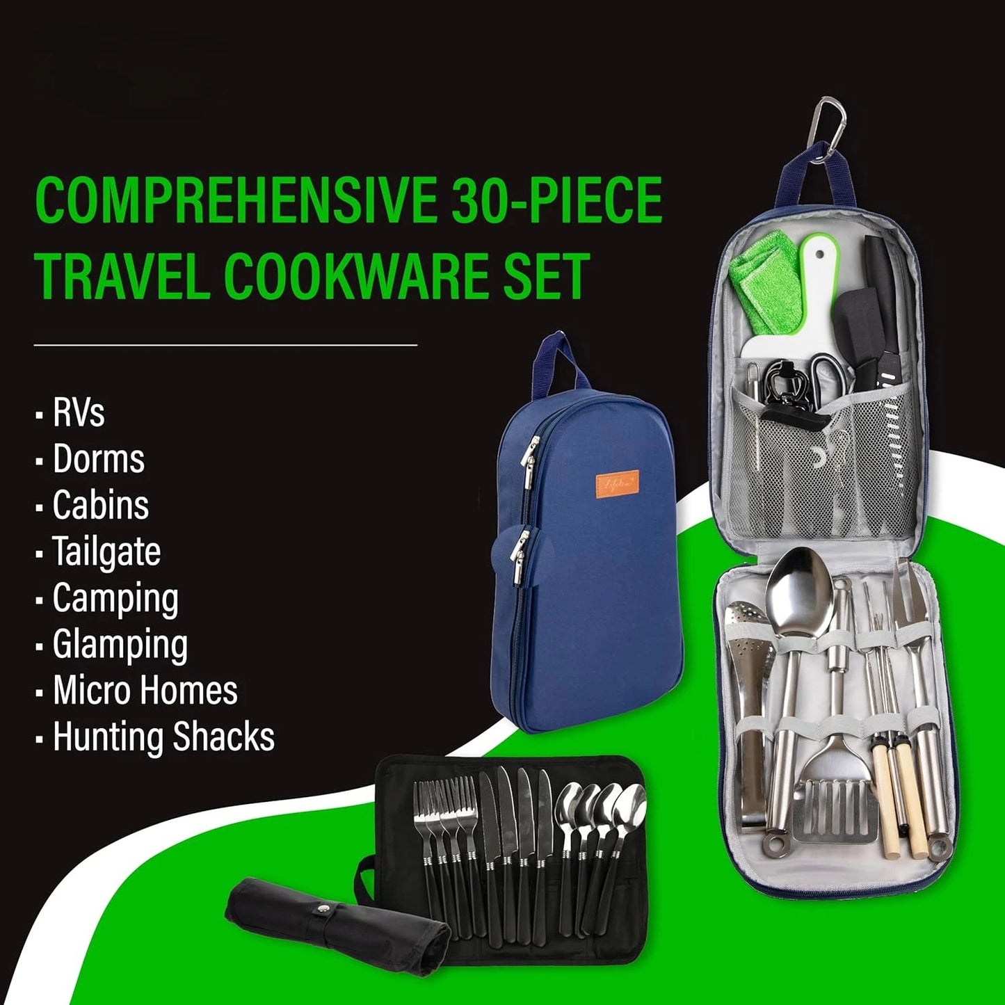 Camp Cooking Utensil Set & Outdoor Kitchen Gear Cookware Kit, Portable Compact Carry Case for Camping, Hiking, Travel.