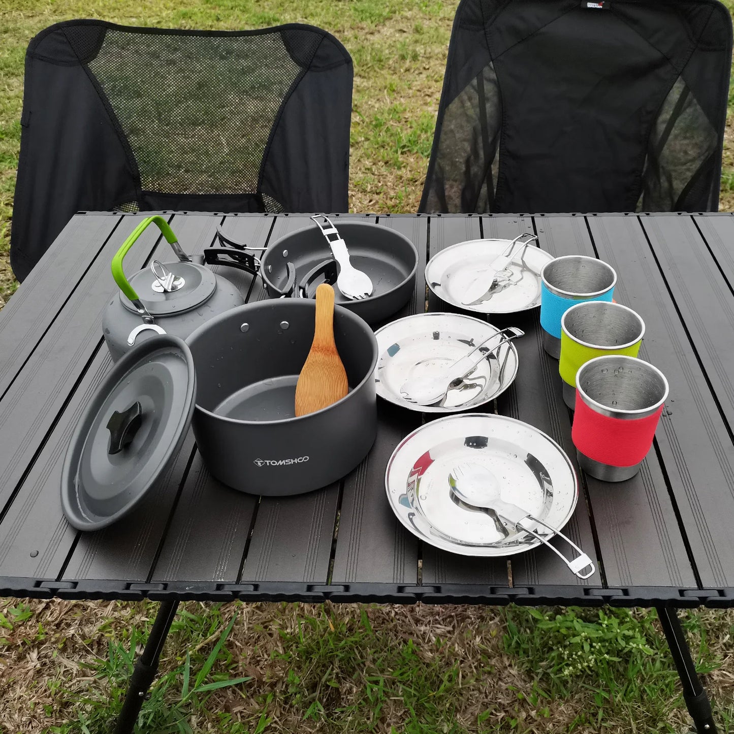 TOMSHOO 20pcs Outdoors Camping Pot Set Portable Aluminum Cookware Set