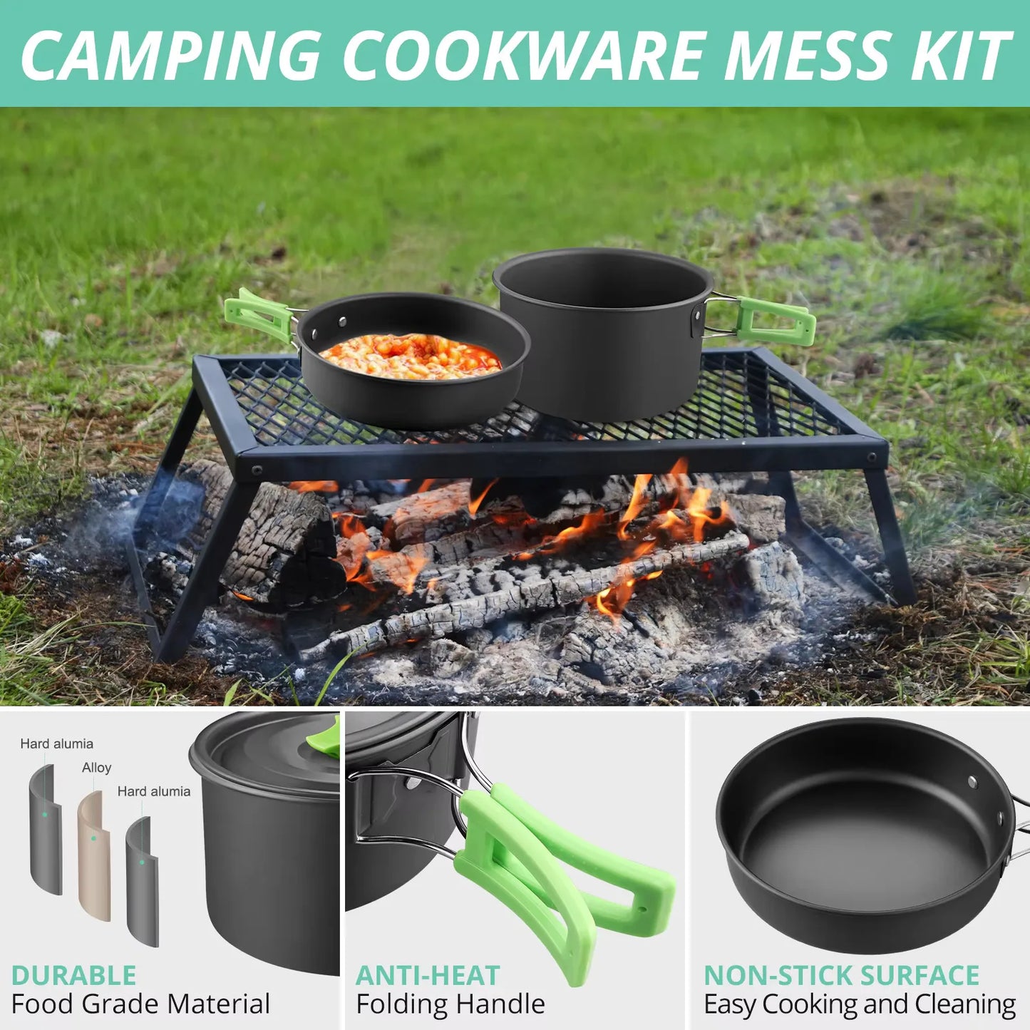 16PCS Portable Camping Cook Cooking Cookware Set Anodised Aluminium Pots Pans Kettle with Foldable Handle Suitable for 2 People