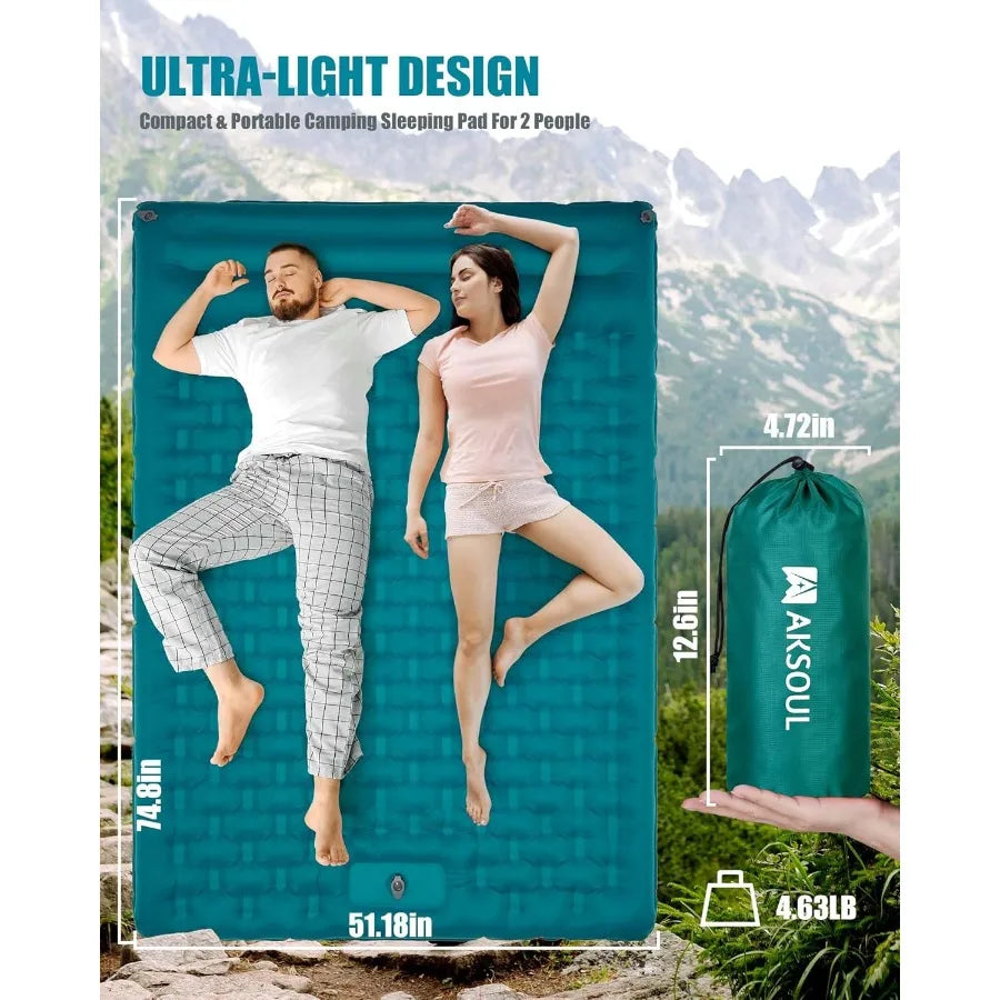 Sleeping Pad Camping Inflatable: Extra Thickness Double Persons Self Inflating Mat with Builtin Foot Pump Lightweight UltraWide