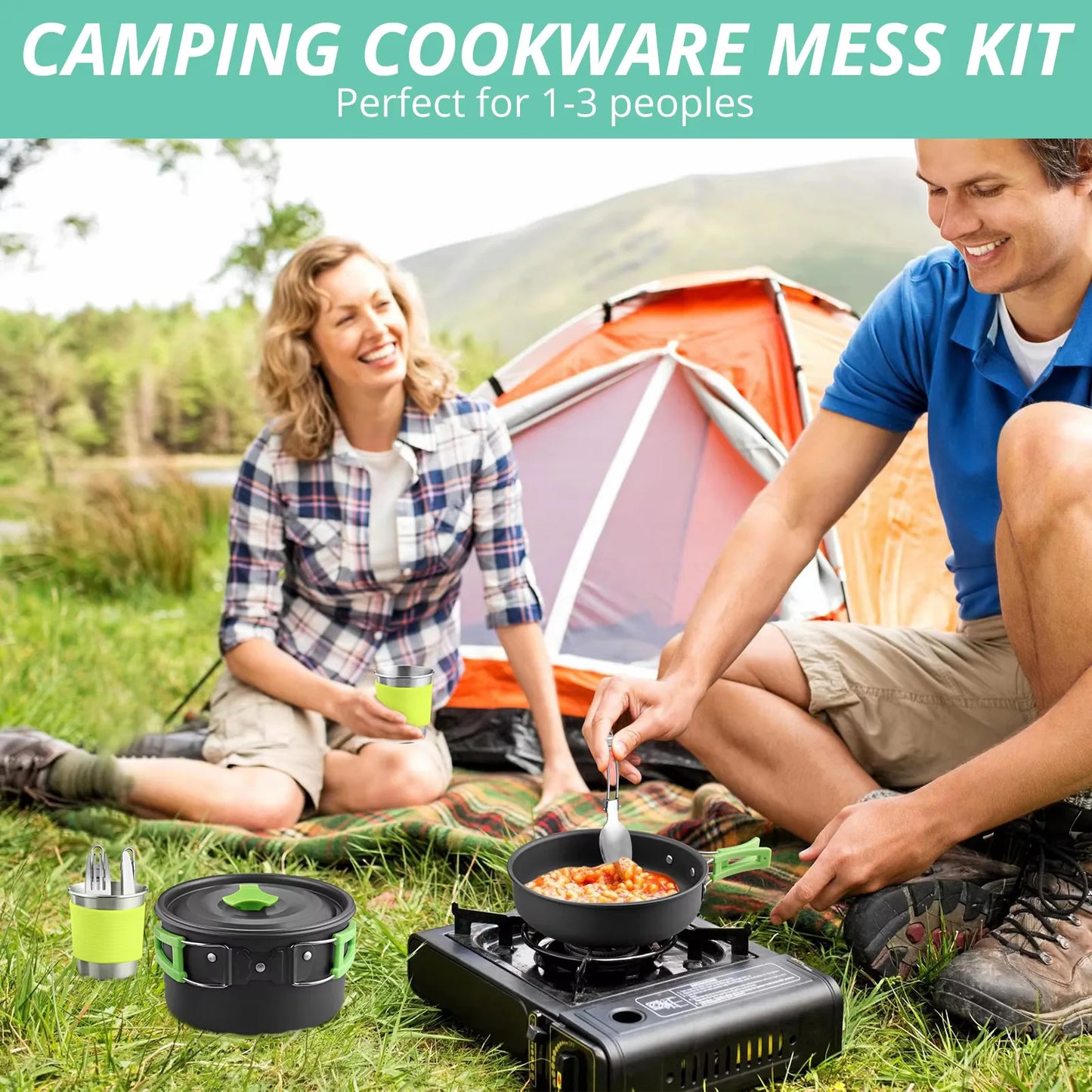 16PCS Portable Camping Cook Cooking Cookware Set Anodised Aluminium Pots Pans Kettle with Foldable Handle Suitable for 2 People