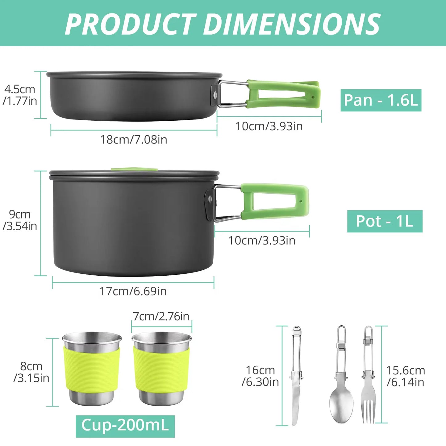 16PCS Portable Camping Cook Cooking Cookware Set Anodised Aluminium Pots Pans Kettle with Foldable Handle Suitable for 2 People