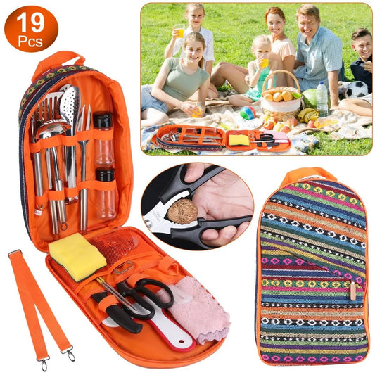 19Pcs Camping Cooking Utensil Kit Portable Picnic Cookware Outdoor Kitchen Equipment Gear Campfire Barbecue Appliances