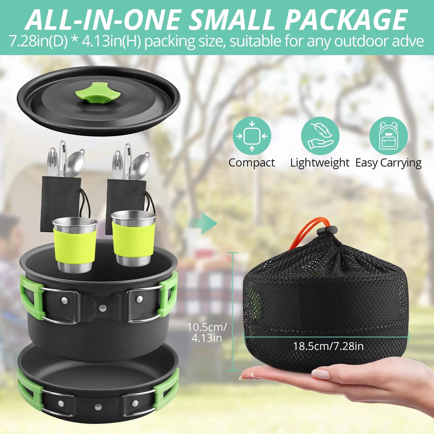 16PCS Portable Camping Cook Cooking Cookware Set Anodised Aluminium Pots Pans Kettle with Foldable Handle Suitable for 2 People