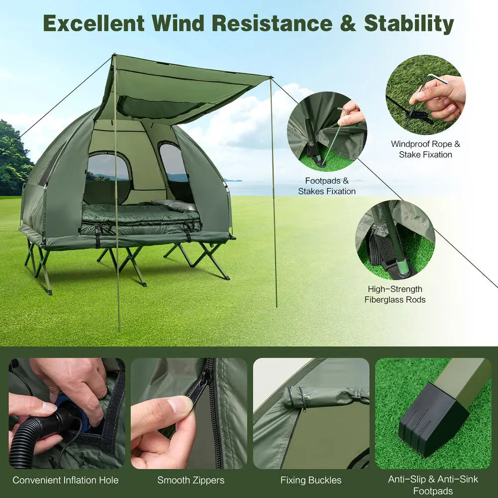 2-Person Compact Portable Tent/Camping Cot w/ Air Mattress & Sleeping Bag