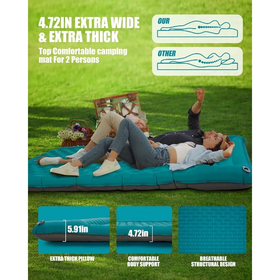 Sleeping Pad Camping Inflatable: Extra Thickness Double Persons Self Inflating Mat with Builtin Foot Pump Lightweight UltraWide