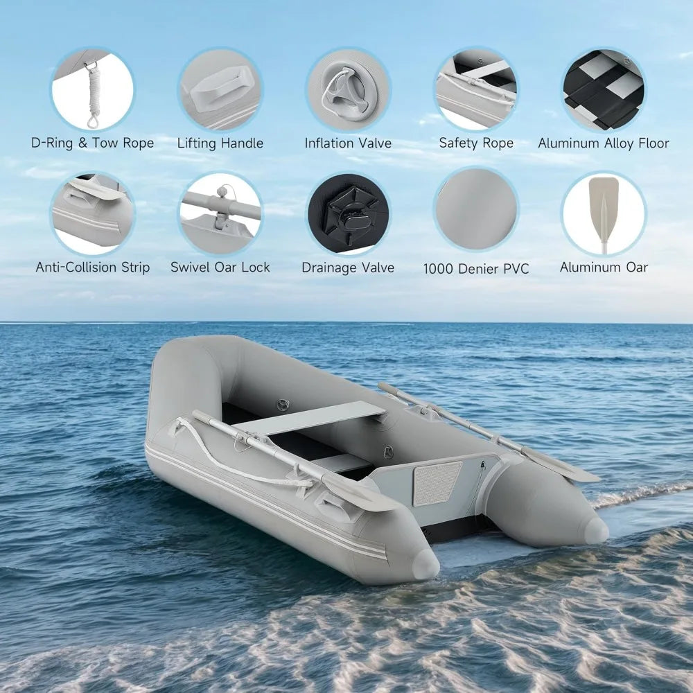 7.5ft Inflatable Dinghy Boat for 2 Adults, 660lb Capacity Heavy-Duty PVC Raft with Aluminum Floor & Oars, Motor Mount, Port