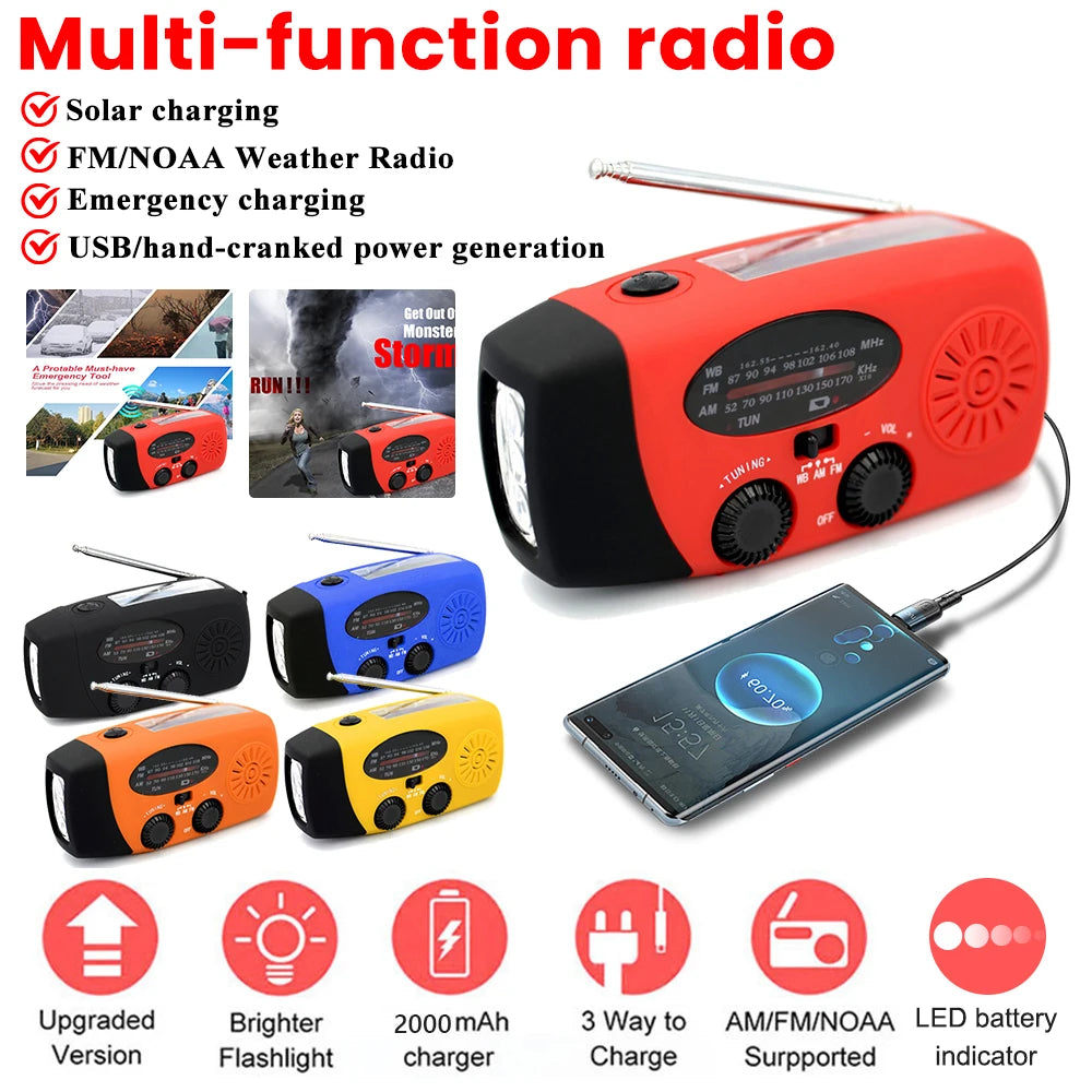 2000mAh Portable Radio Hand Crank Solar USB Charging FM AM WB NOAA Weather Radio Emergency LED Flashlight Torch Power Bank