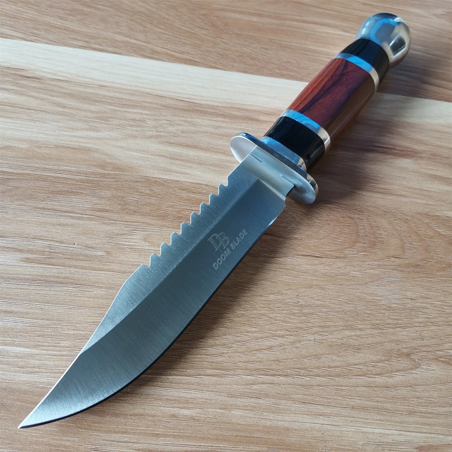 60HRC Stainless Steel Fixed Blade Tactical Hunting Knife - Outdoor Survival & Camping Tool with Ergonomic Wood/Aluminum Handle &