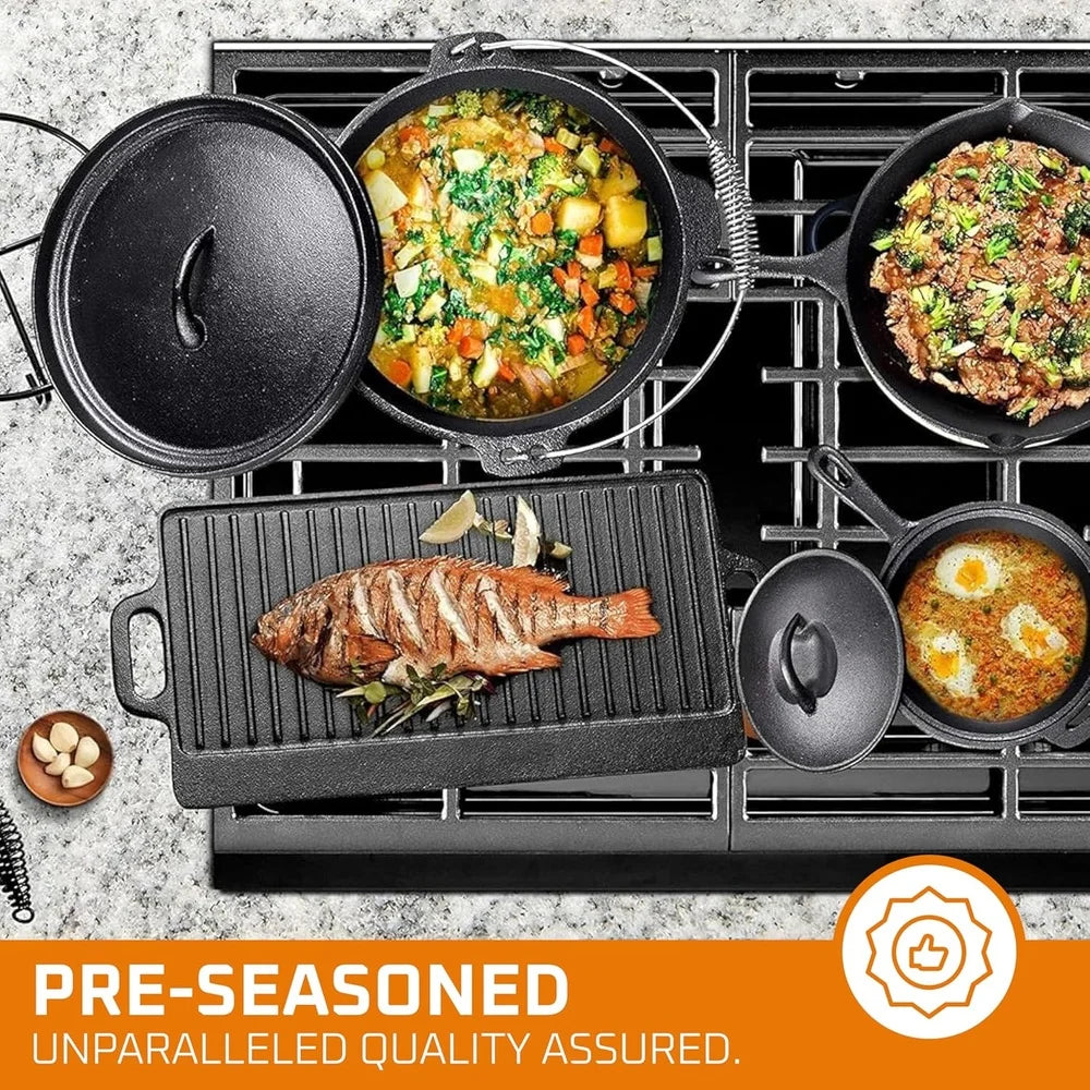 Camping Cooking Set 7 Piece Cast Iron Cookware Dutch Oven Frying Pan Griddle Skillet Pre Seasoned Outdoor Grill Pots