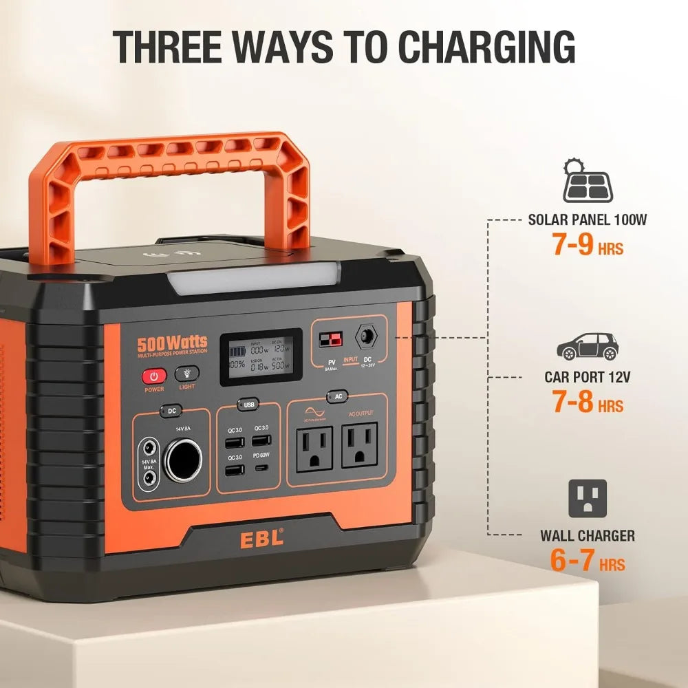 Portable Power Station 500, 110V/500W Solar Generator(Surge 1000W), 519.4Wh Backup Lithium Battery for Outdoor Home