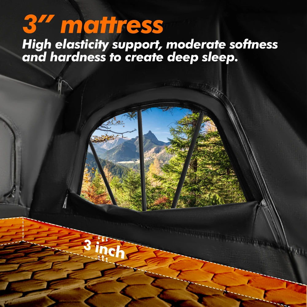 Quick Easy Set Up Roof Top Tent Aluminium Fold Out Style Waterproof Windproof 3 Mattress Lightweight Installation Kit Sedan SUV