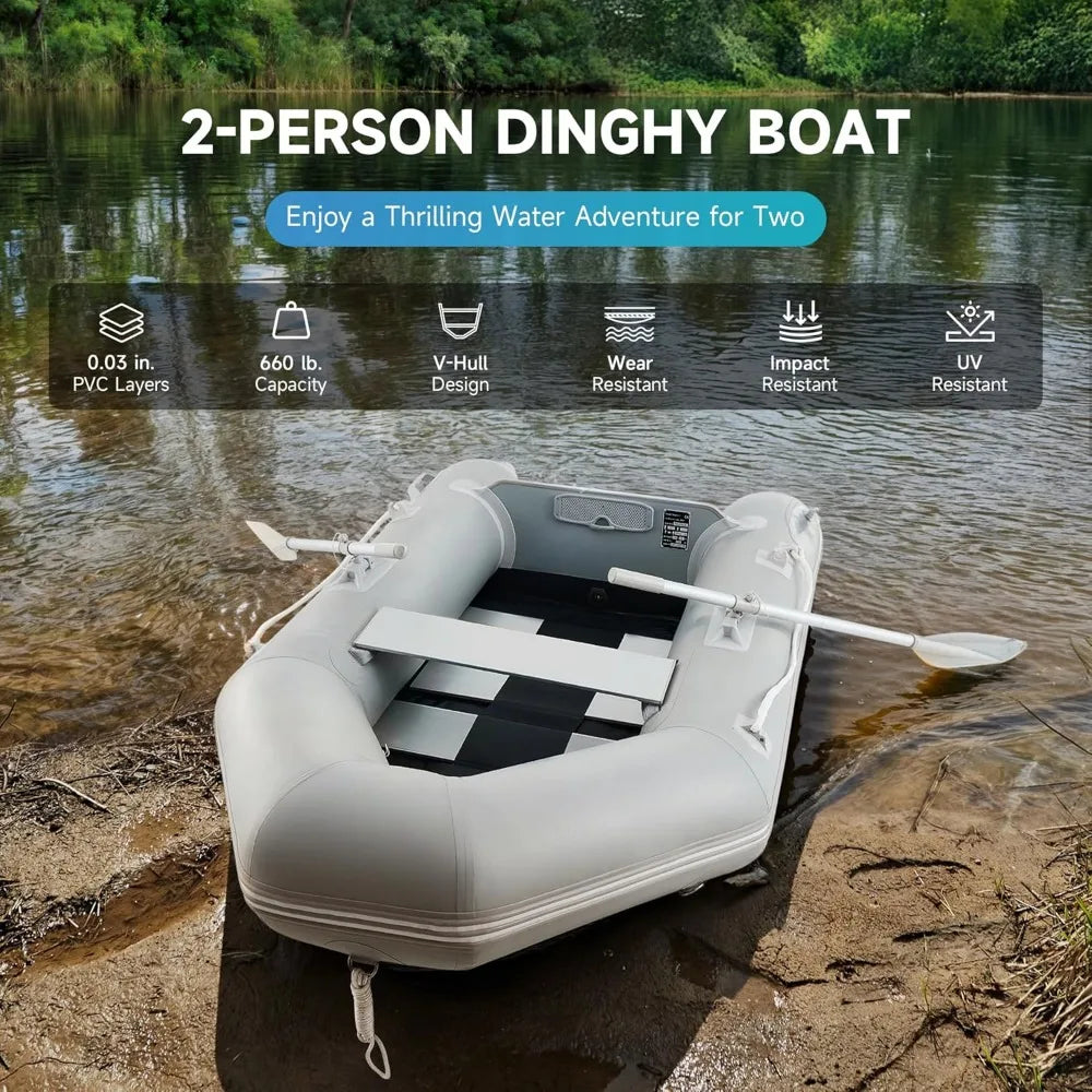 7.5ft Inflatable Dinghy Boat for 2 Adults, 660lb Capacity Heavy-Duty PVC Raft with Aluminum Floor & Oars, Motor Mount, Port