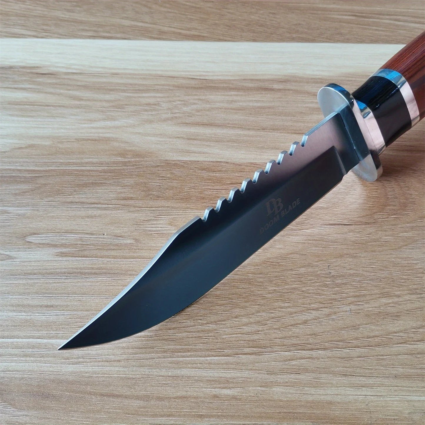 60HRC Stainless Steel Fixed Blade Tactical Hunting Knife - Outdoor Survival & Camping Tool with Ergonomic Wood/Aluminum Handle &