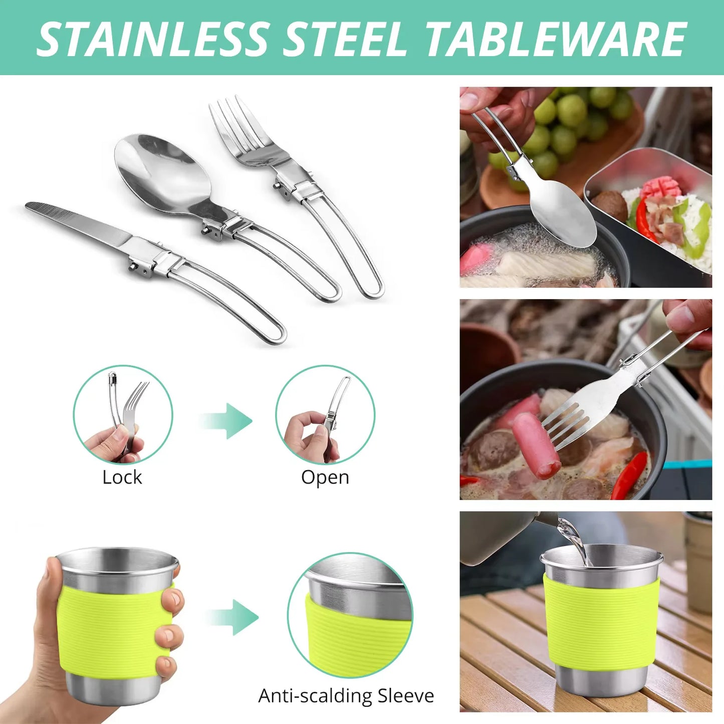 16PCS Portable Camping Cook Cooking Cookware Set Anodised Aluminium Pots Pans Kettle with Foldable Handle Suitable for 2 People