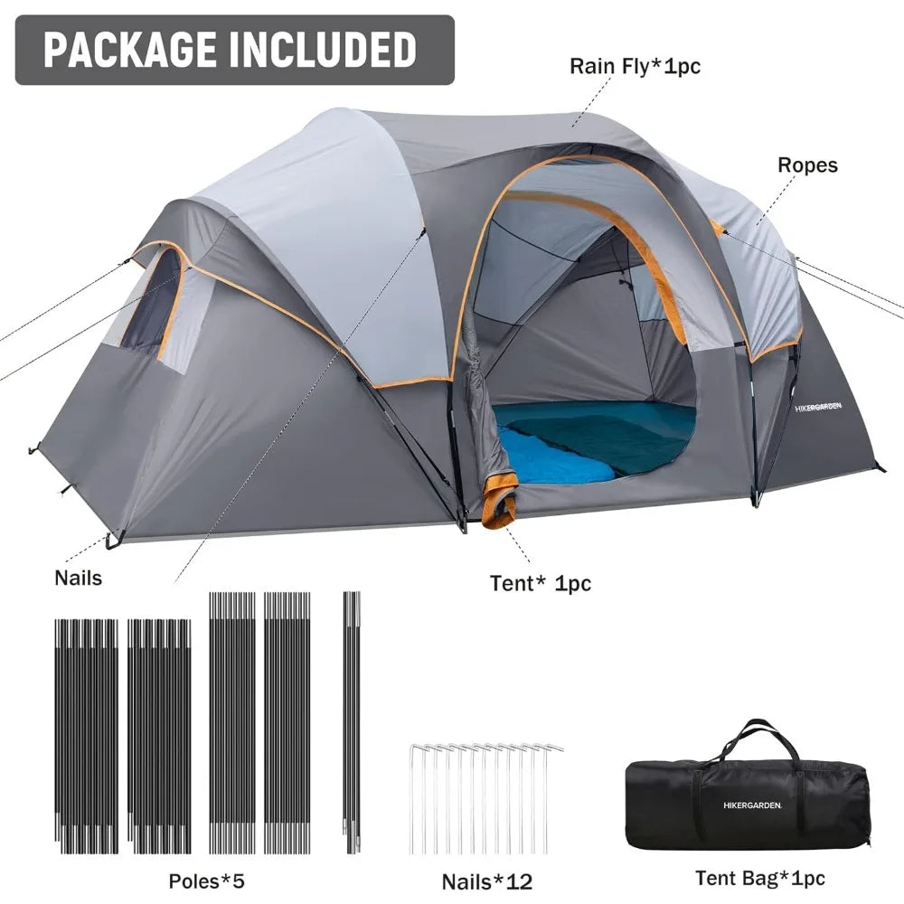 HIKERGARDEN 10 Person Camping Tent - Portable Easy Set Up Family Tent for Camp, Windproof Fabric Dome Tent Outdoor for Hiking, B