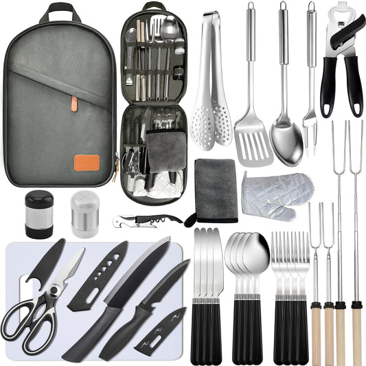 Portable Camping Kitchen Utensil Set-31pcs Camping Essentials Camping Accessories Gear Must Haves Camping Cookware Kit, Stainless Steel Outdoor Cooking And Grilling Utensil Organizer Travel Set Perfect For Travel, Picnics, RV