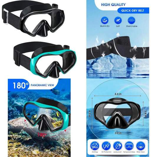 Swimming Goggles Scuba Snorkeling Mask for Adults, Tempered Glass with Panoramic View Anti-Leak and Anti-Fog Technology, Adjust
