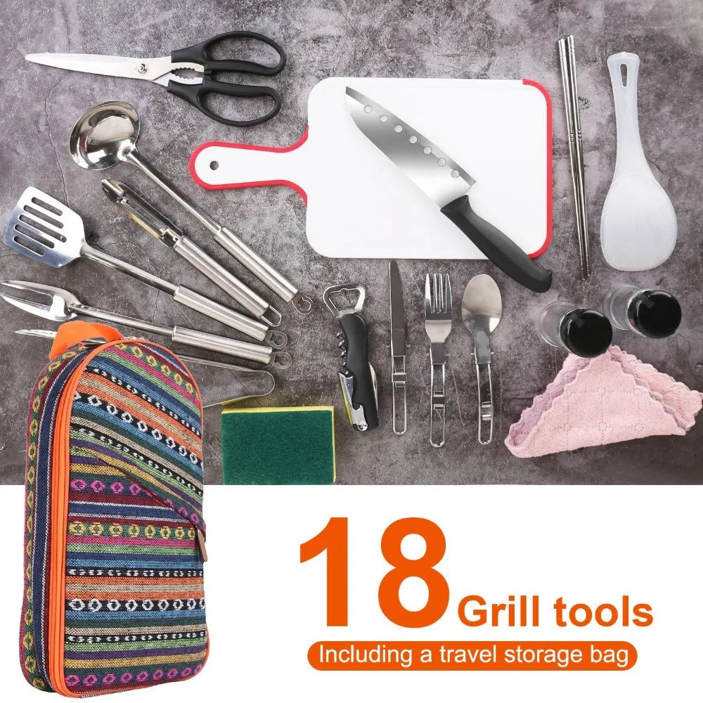 19Pcs Camping Cooking Utensil Kit Portable Picnic Cookware Outdoor Kitchen Equipment Gear Campfire Barbecue Appliances