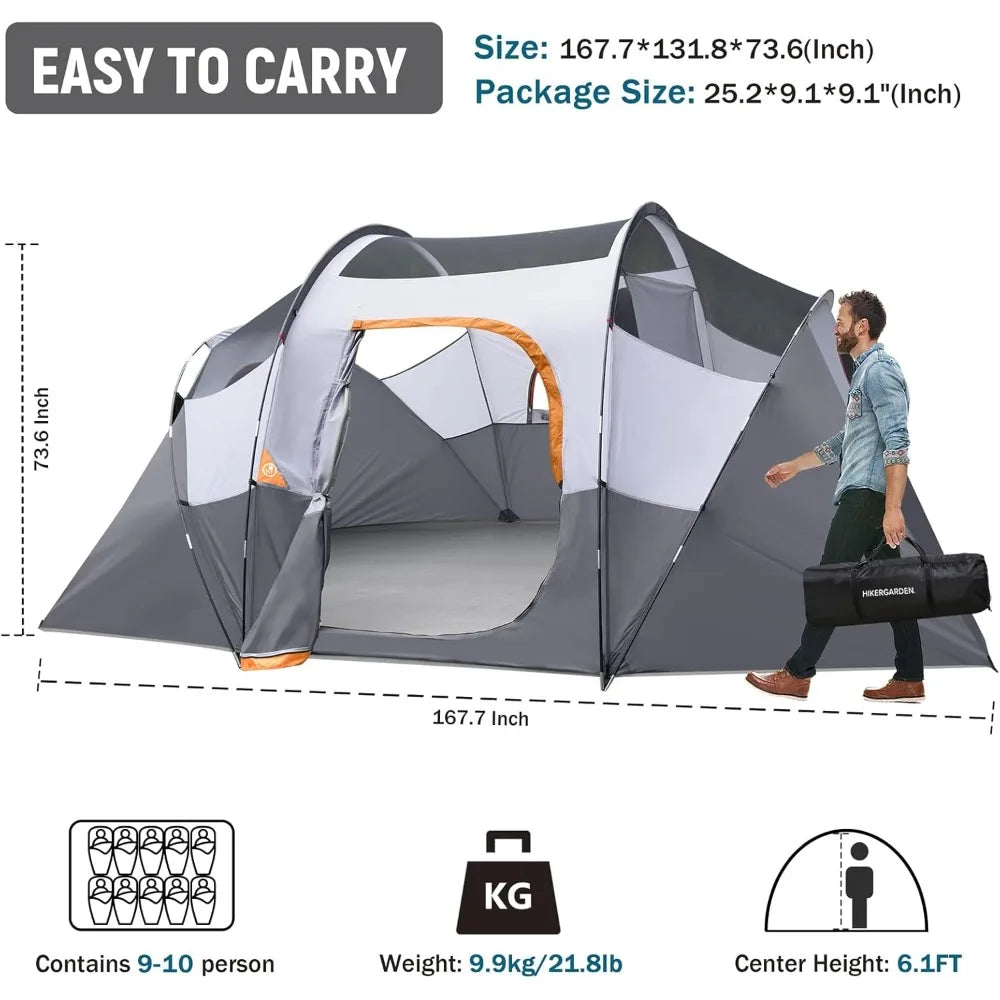 HIKERGARDEN 10 Person Camping Tent - Portable Easy Set Up Family Tent for Camp, Windproof Fabric Dome Tent Outdoor for Hiking, B