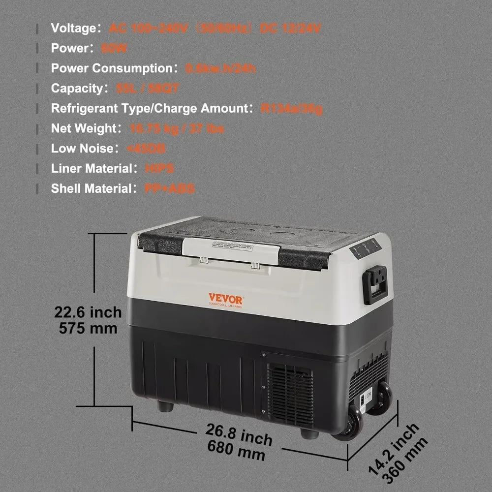 L # 12 Volt Car Refrigerator Fridge, 58 QT/55 L Dual Zone Portable Freezer, 12/24V DC And 100-240V AC Compressor Cooler, For Out