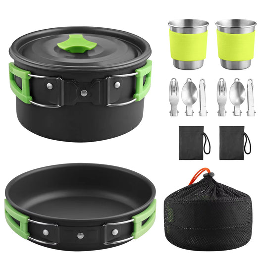 16PCS Portable Camping Cook Cooking Cookware Set Anodised Aluminium Pots Pans Kettle with Foldable Handle Suitable for 2 People