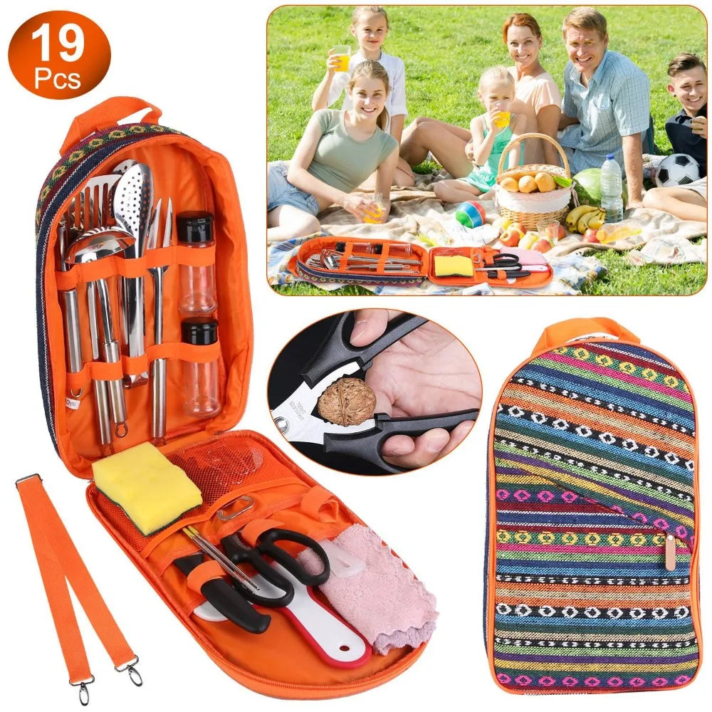 19Pcs Camping Cooking Utensil Kit Portable Picnic Cookware Outdoor Kitchen Equipment Gear Campfire Barbecue Appliances