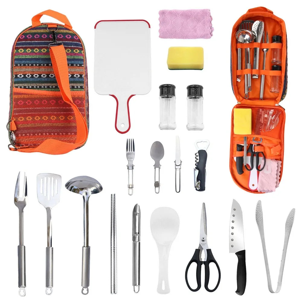 19Pcs Camping Cooking Utensil Kit Portable Picnic Cookware Outdoor Kitchen Equipment Gear Campfire Barbecue Appliances