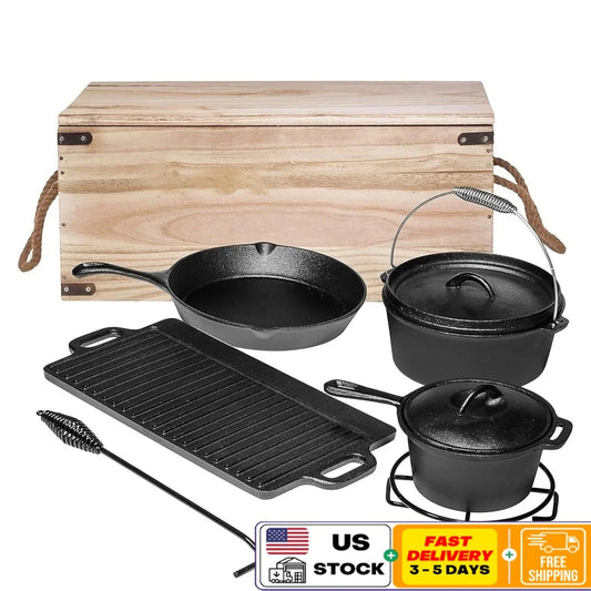 Camping Cooking Set 7 Piece Cast Iron Cookware Dutch Oven Frying Pan Griddle Skillet Pre Seasoned Outdoor Grill Pots