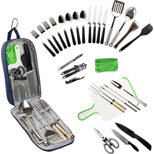 Camp Cooking Utensil Set & Outdoor Kitchen Gear Cookware Kit, Portable Compact Carry Case for Camping, Hiking, Travel.