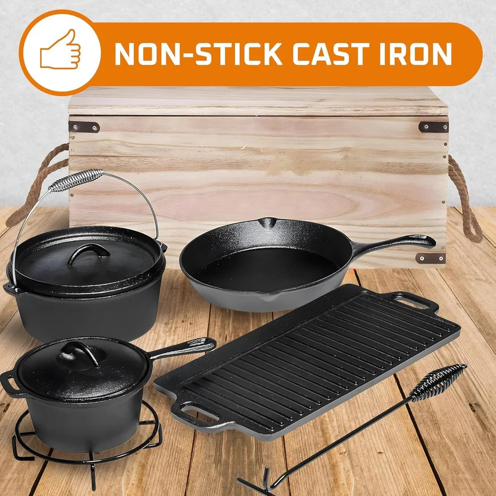 Camping Cooking Set 7 Piece Cast Iron Cookware Dutch Oven Frying Pan Griddle Skillet Pre Seasoned Outdoor Grill Pots