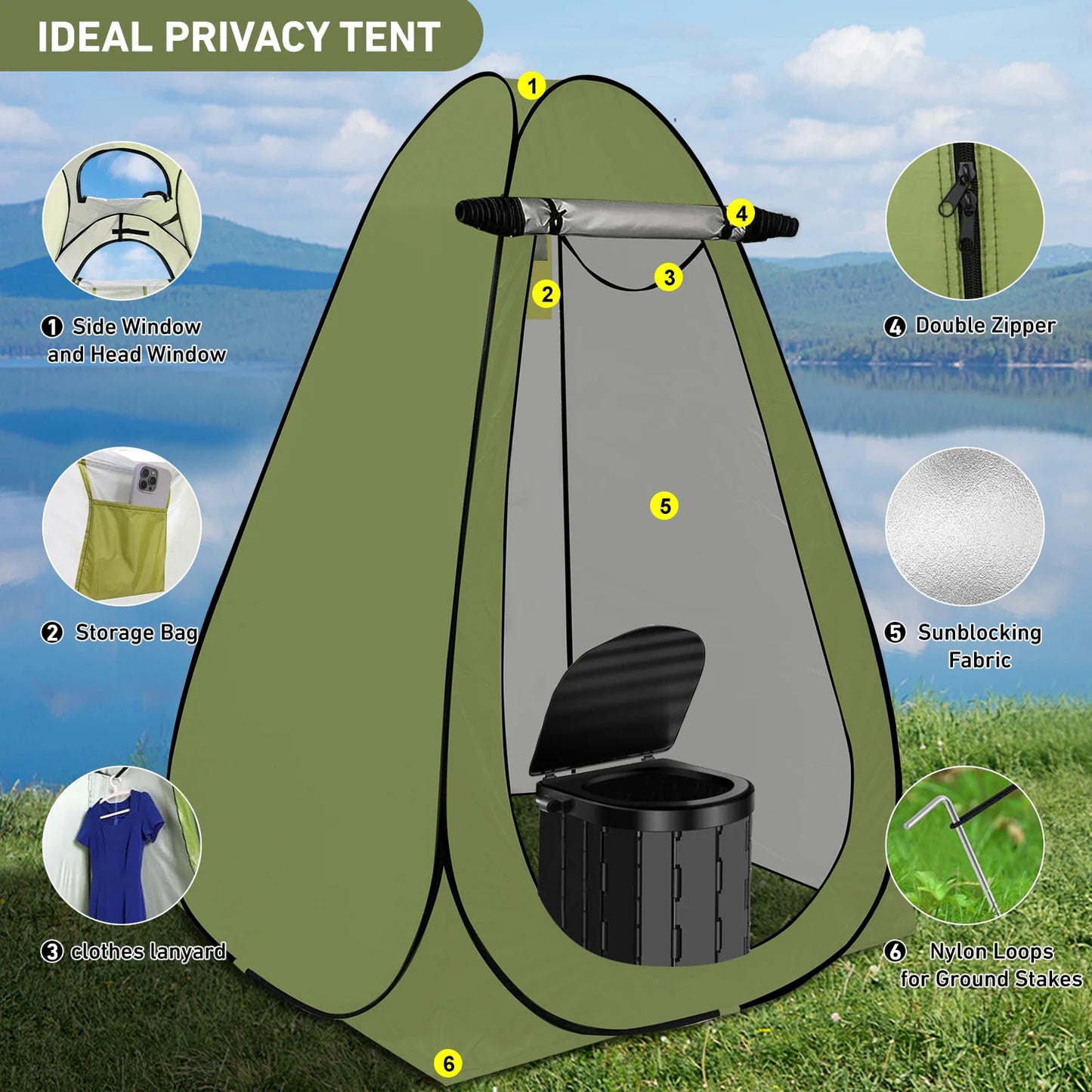 Camping Toilet with 1.5m Pop up Privacy Tent Large Portable Toilet Potty for Adults Outdoor Camping Shower Tents Changing Room