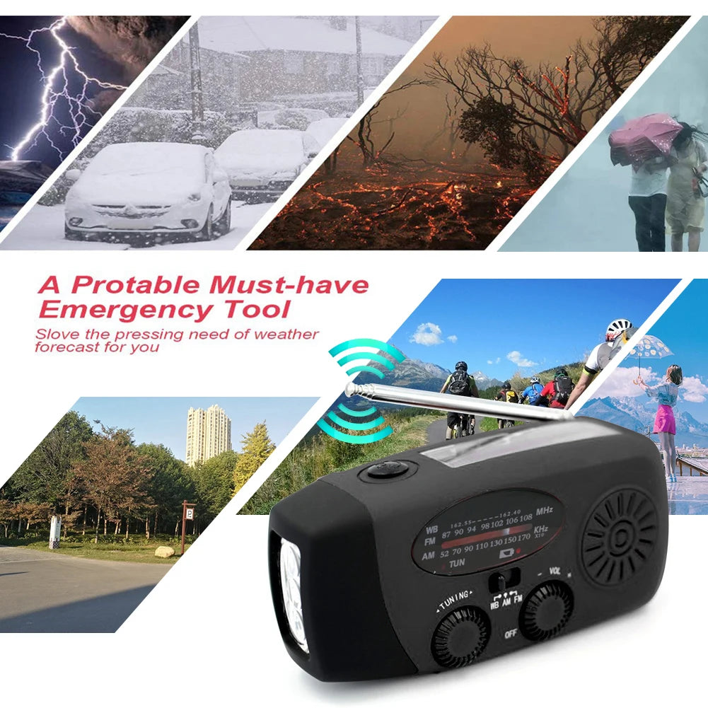 2000mAh Portable Radio Hand Crank Solar USB Charging FM AM WB NOAA Weather Radio Emergency LED Flashlight Torch Power Bank