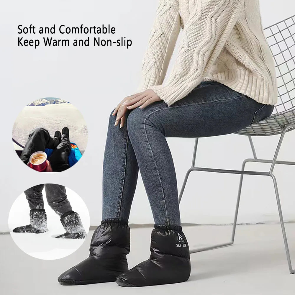 Winter Duck Down Booties Outdoor Camping Tent Warm Boots Warm Shoes Winter Warm Feet Cover Waterproof Windproof for Men Women