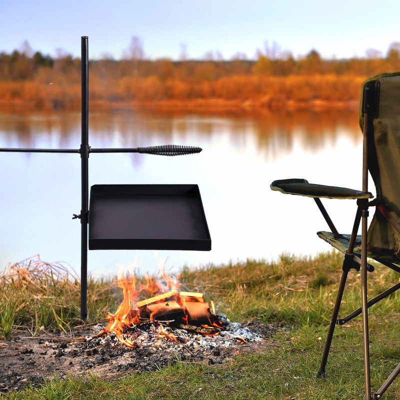 Swivel Campfire Grill Skillet Combo Portable Heavy Duty Camping Grill Grate with Height Adjustable Grill Grate and Grill Pan and Carry Bag Black